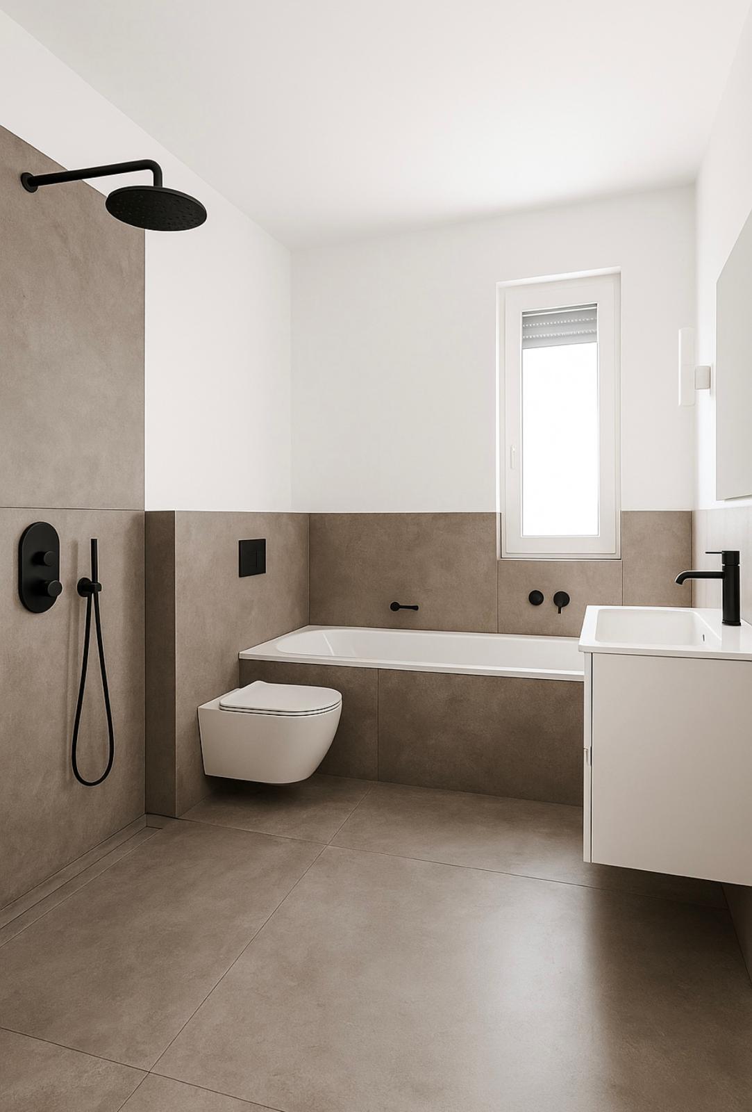 Designbad mit Greige-Fliesen, freistehender Wanne und schwarzer Armatur